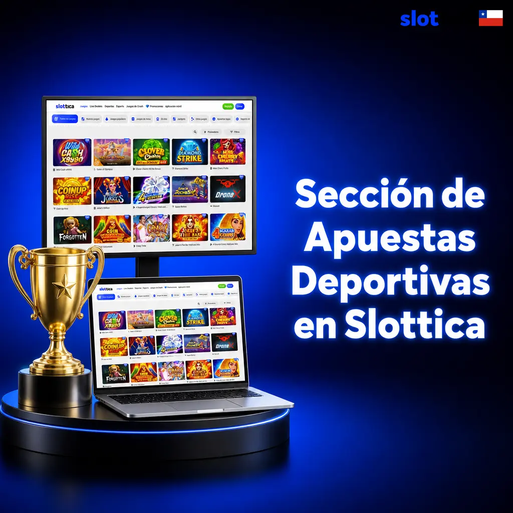 Sección de apuestas deportivas en Slottica Chile con fútbol, tenis, básquetbol, MMA y eSports disponibles 24/7